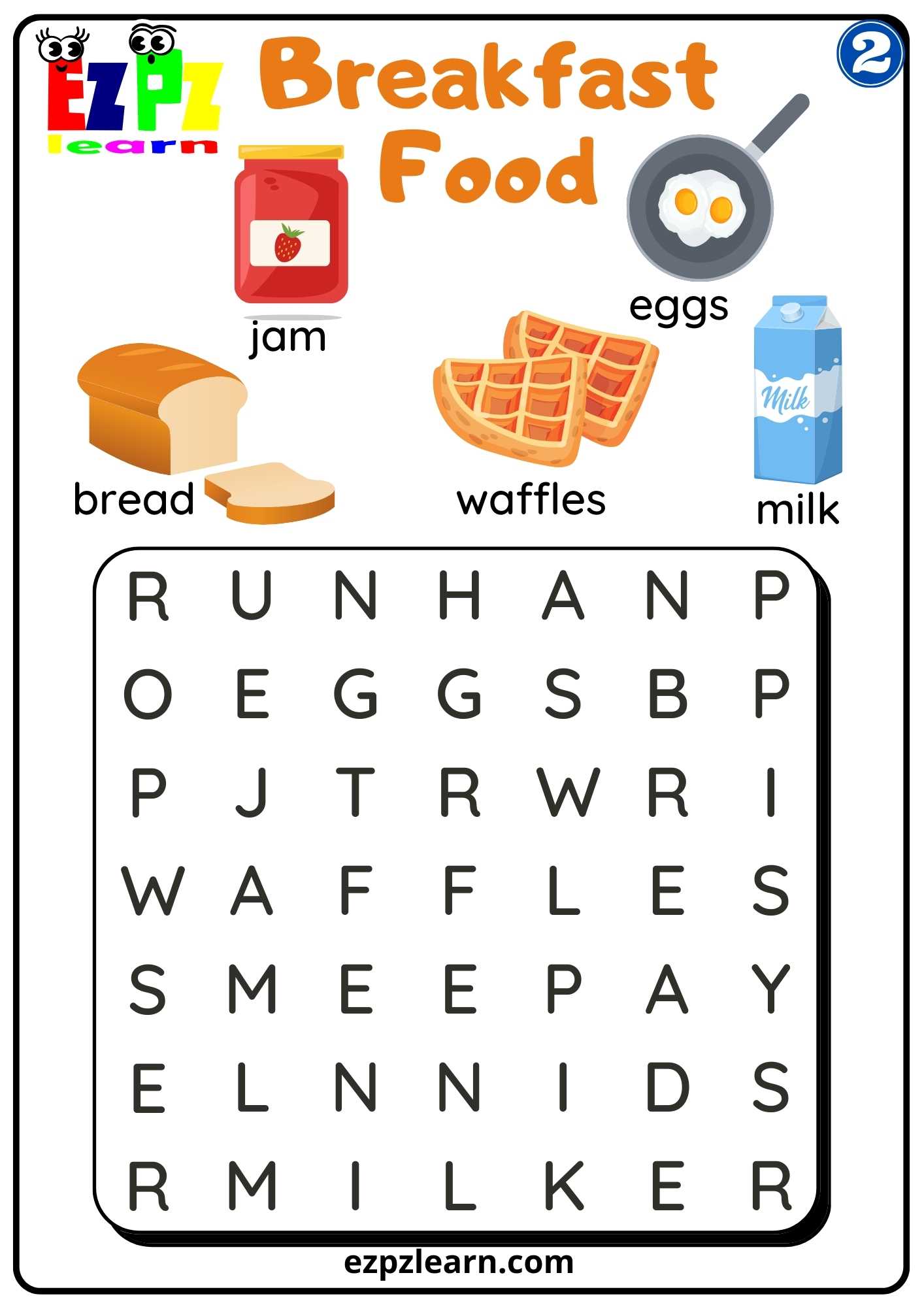 Group 2 Breakfast Food Words Word Search Worksheet for K5 and ESL Students PDF Download